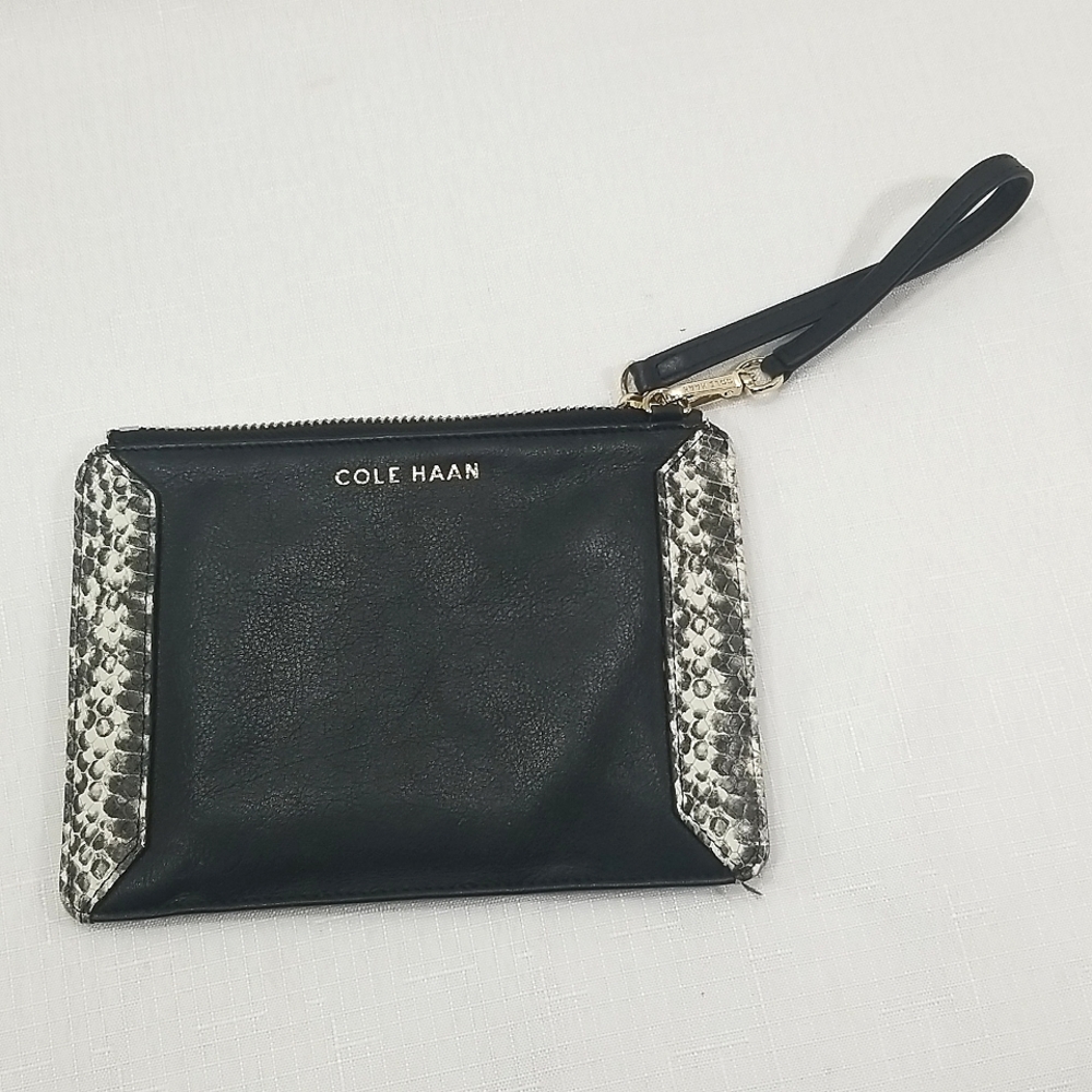 Cole Haan Fallon wristlet black leather with snake print trim NWOT